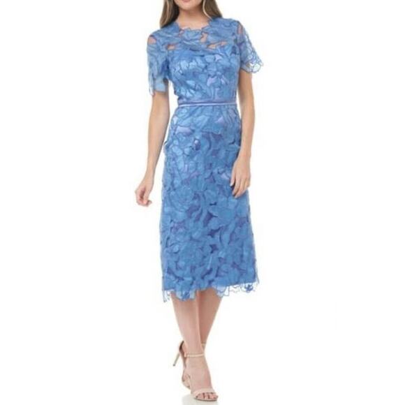 JS Collections Women’s Size 2 XS Blue Embroidered Lace Sheath Midi Dress - Picture 1 of 10